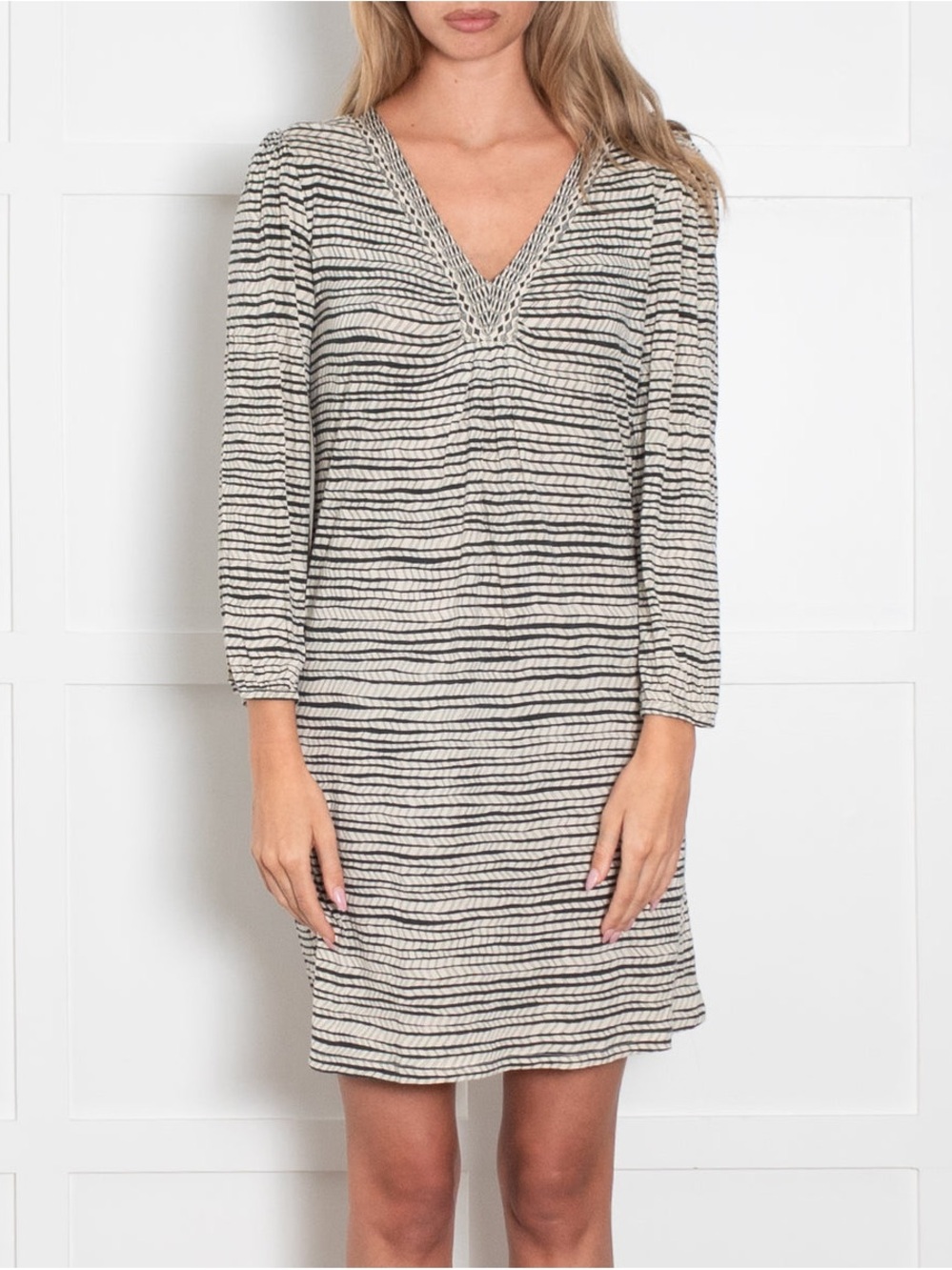 MaxMara Striped V-Neck Long Sleeve Dress in Cream and Black